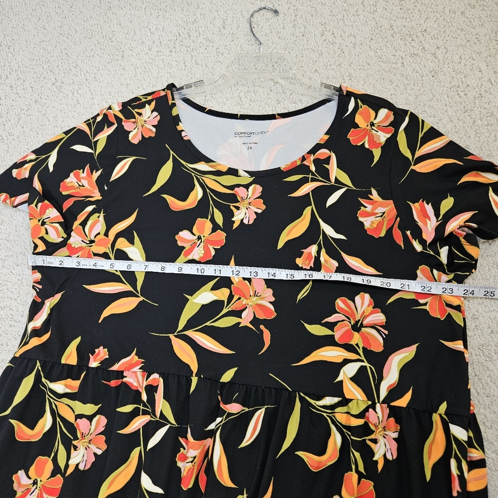 Cuddl Duds Printed Jersey Knit Tiered T Shirt Dress Black Floral 2X Knee Length - Picture 7 of 8